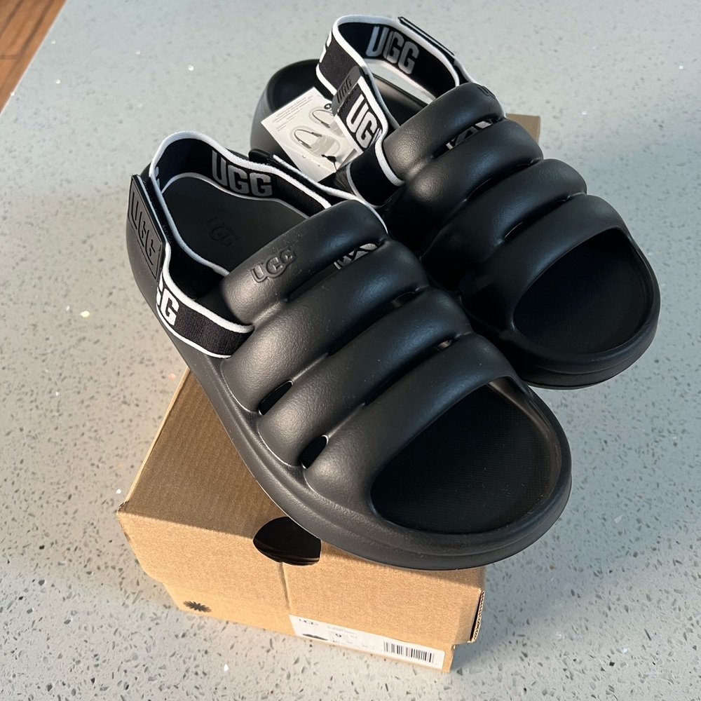 UGG Black Slide Sandals with Logo Strap